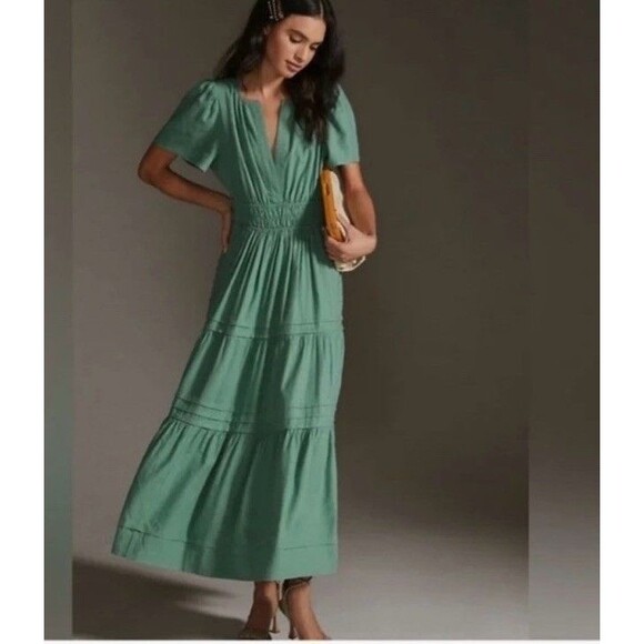 Anthropologie Somerset Teal Tiered Maxi Dress Linen Boho Plus 2X 248 - Picture 1 of 8